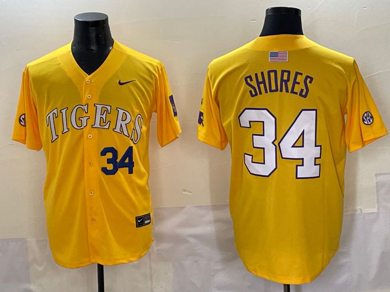 Men 2025 LSU Tigers 34 Shores Yellow Nike Joint Name Nike NCAA Jersey style 4